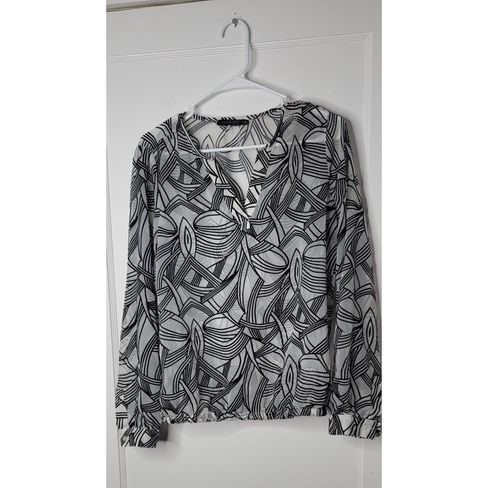 The Limited Womens Sz M Blouse Sheer White Black Geometric Long Sleeve